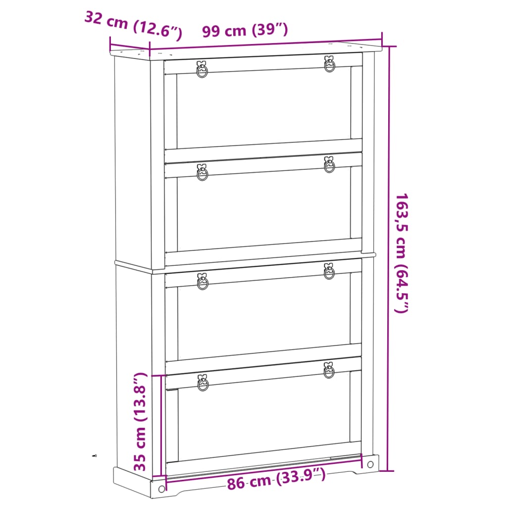 Schoenenkast Corona 99X32X163,5 Cm Massief Grenenhout