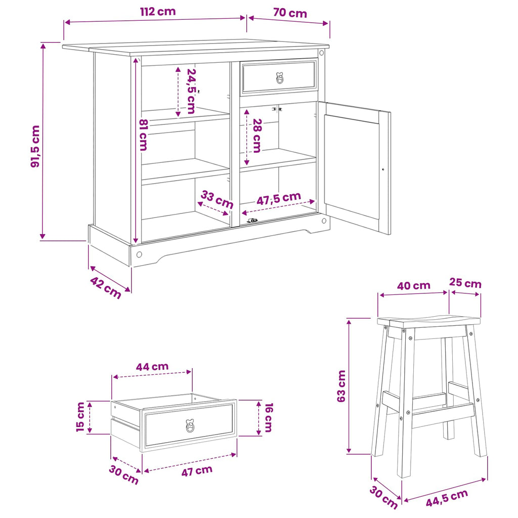 Keuken Eiland Set 3 St Honing Wax 112 X 70 X 91,5 Cm