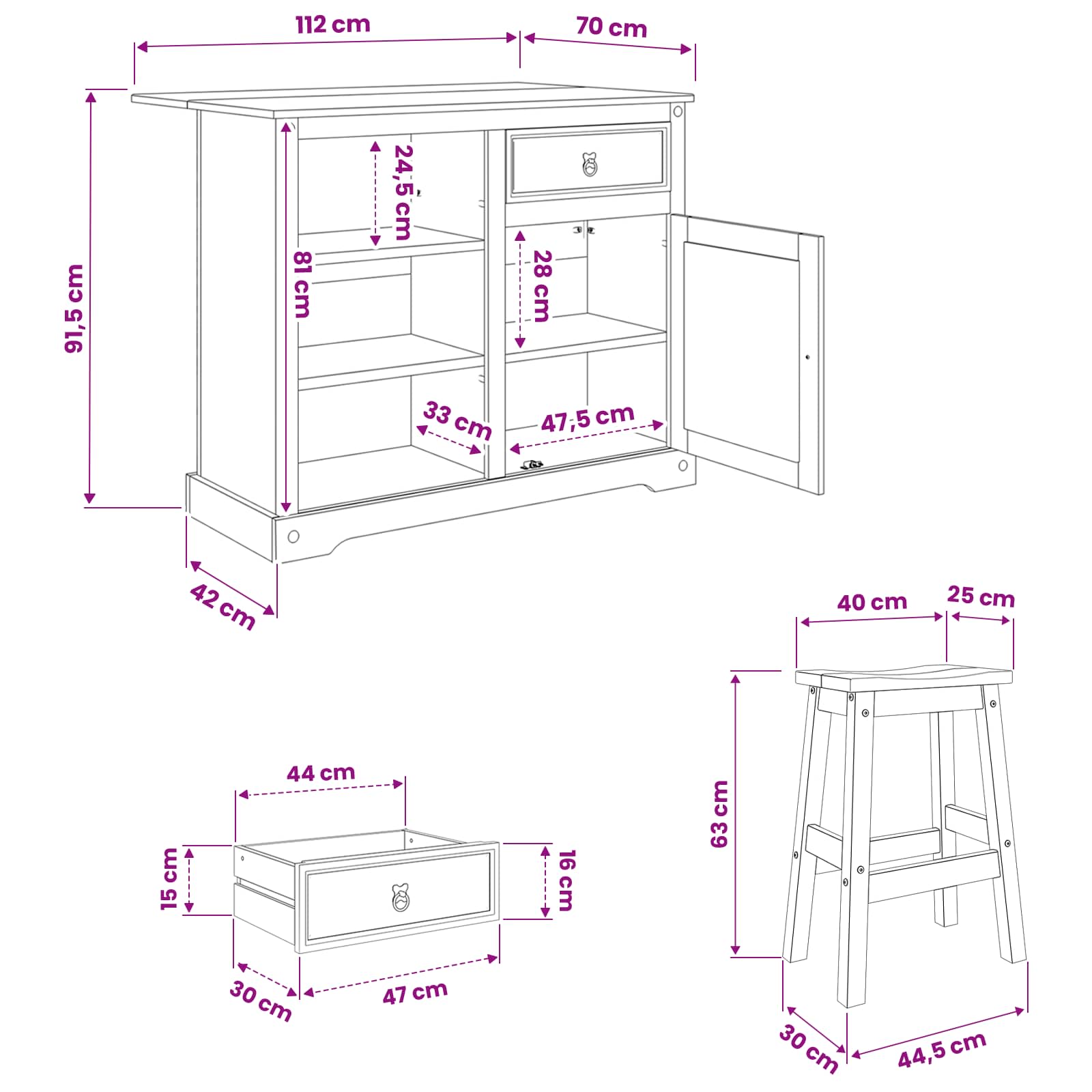 Keuken Eiland Set 3 St Honing Wax 112 X 70 X 91,5 Cm
